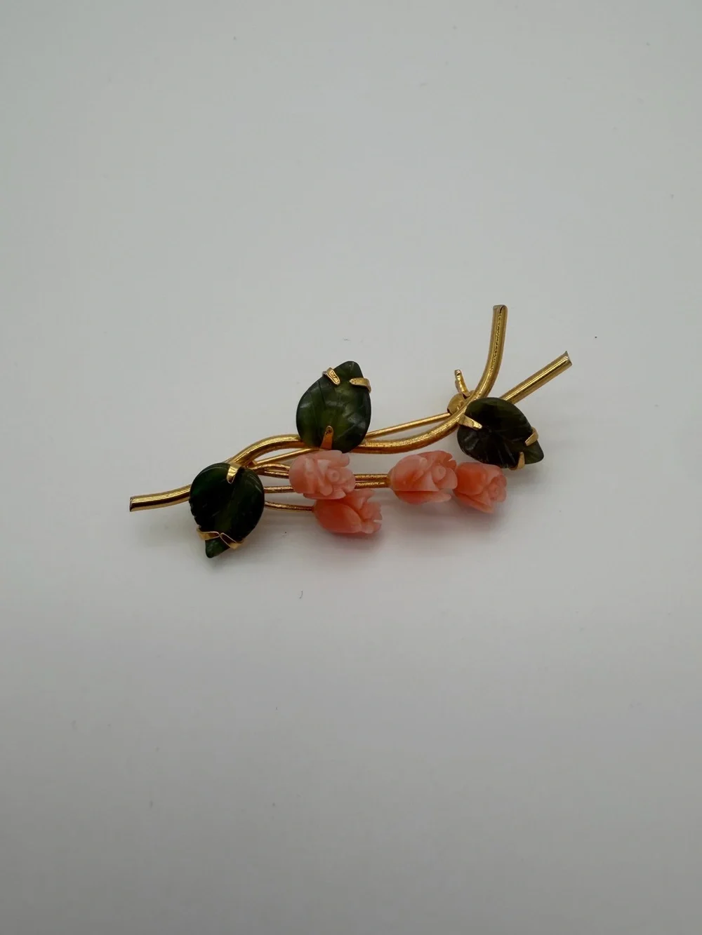 Vintage Floral Brooch with Pink Coral Roses and Green Leaves